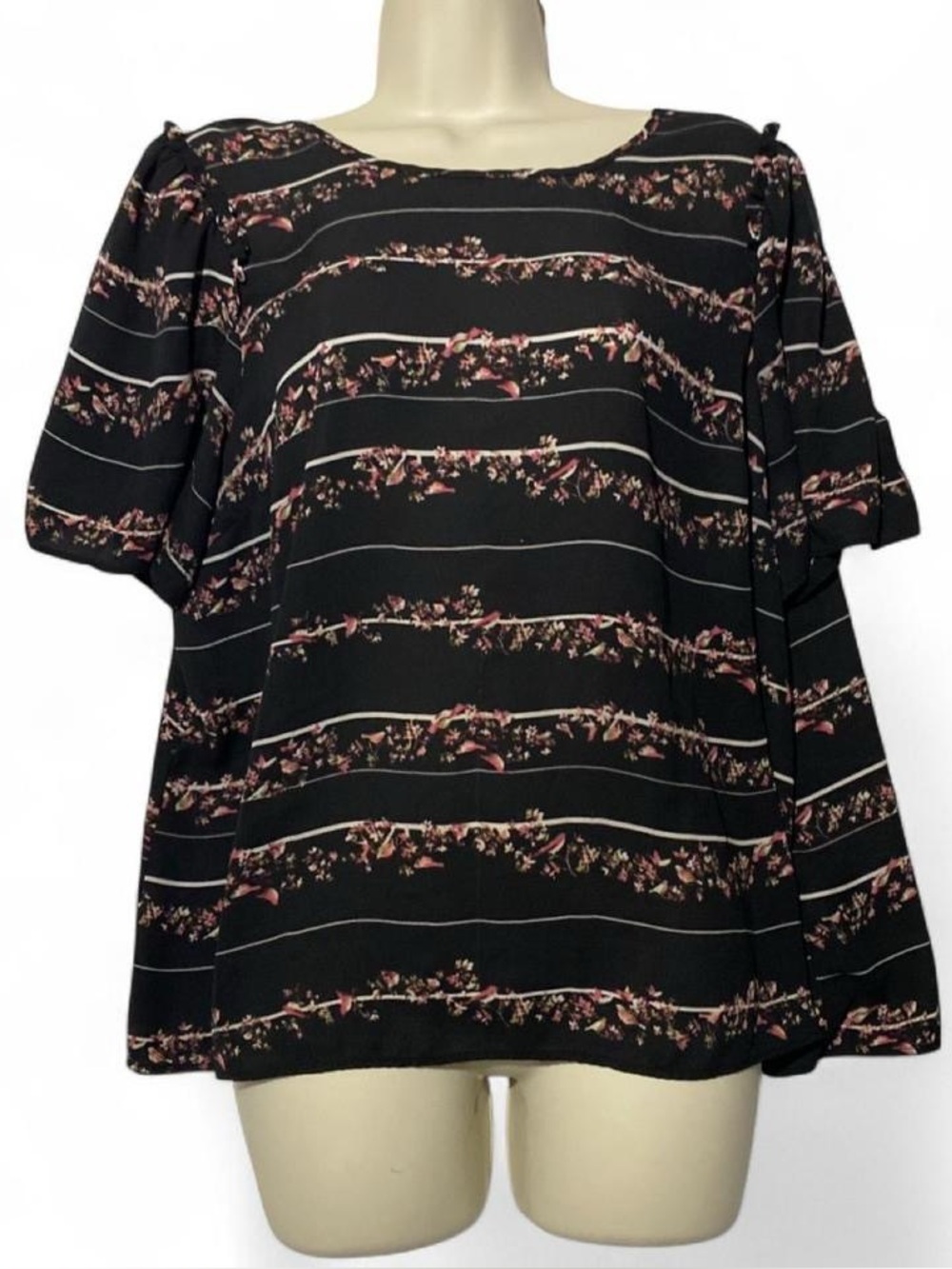 Worthington Black Floral-Stripe Short Sleeve Blouse